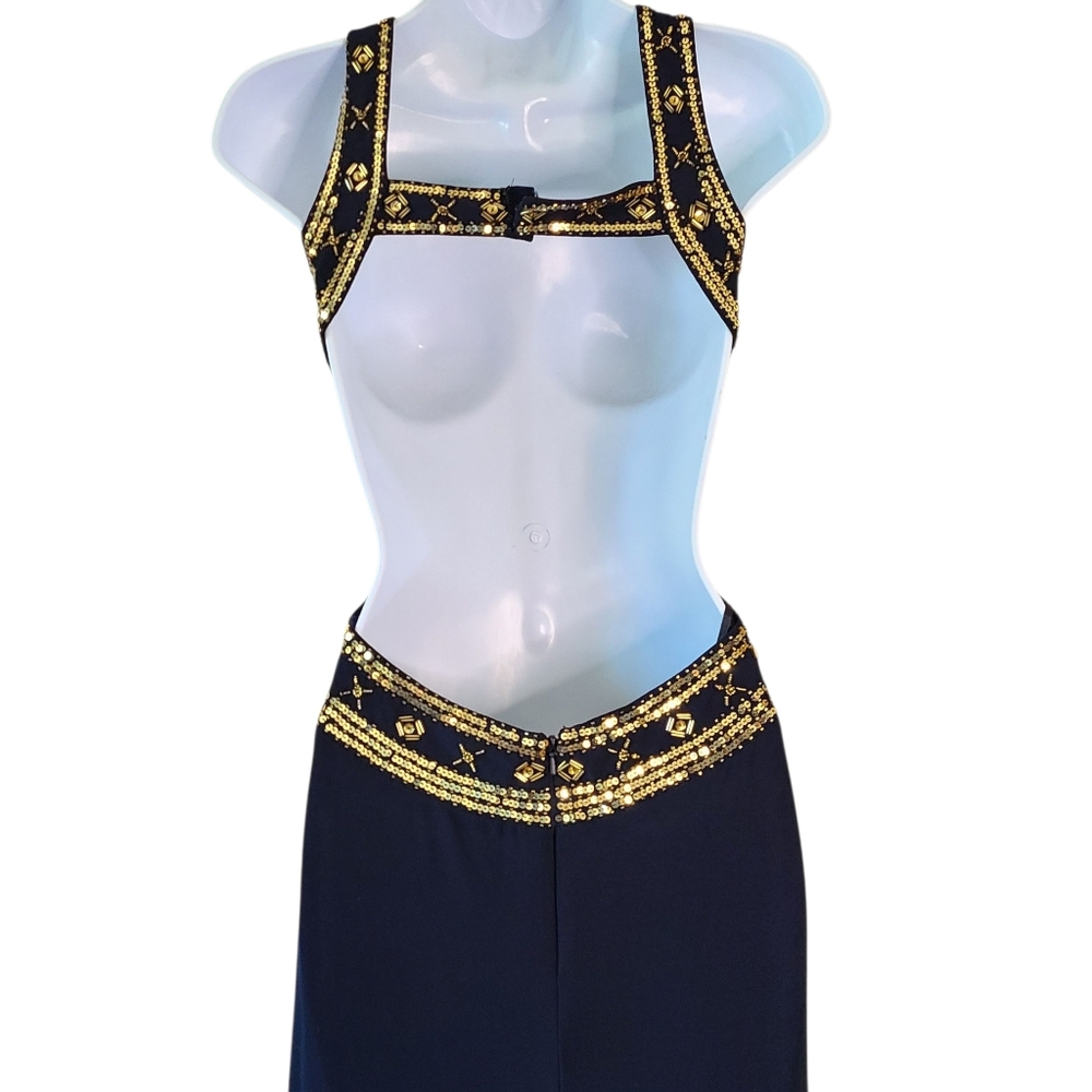 Betsy & Adam Navy and Gold Evening Gown Formal Size 2 Backless Classy Prom - Picture 5 of 7